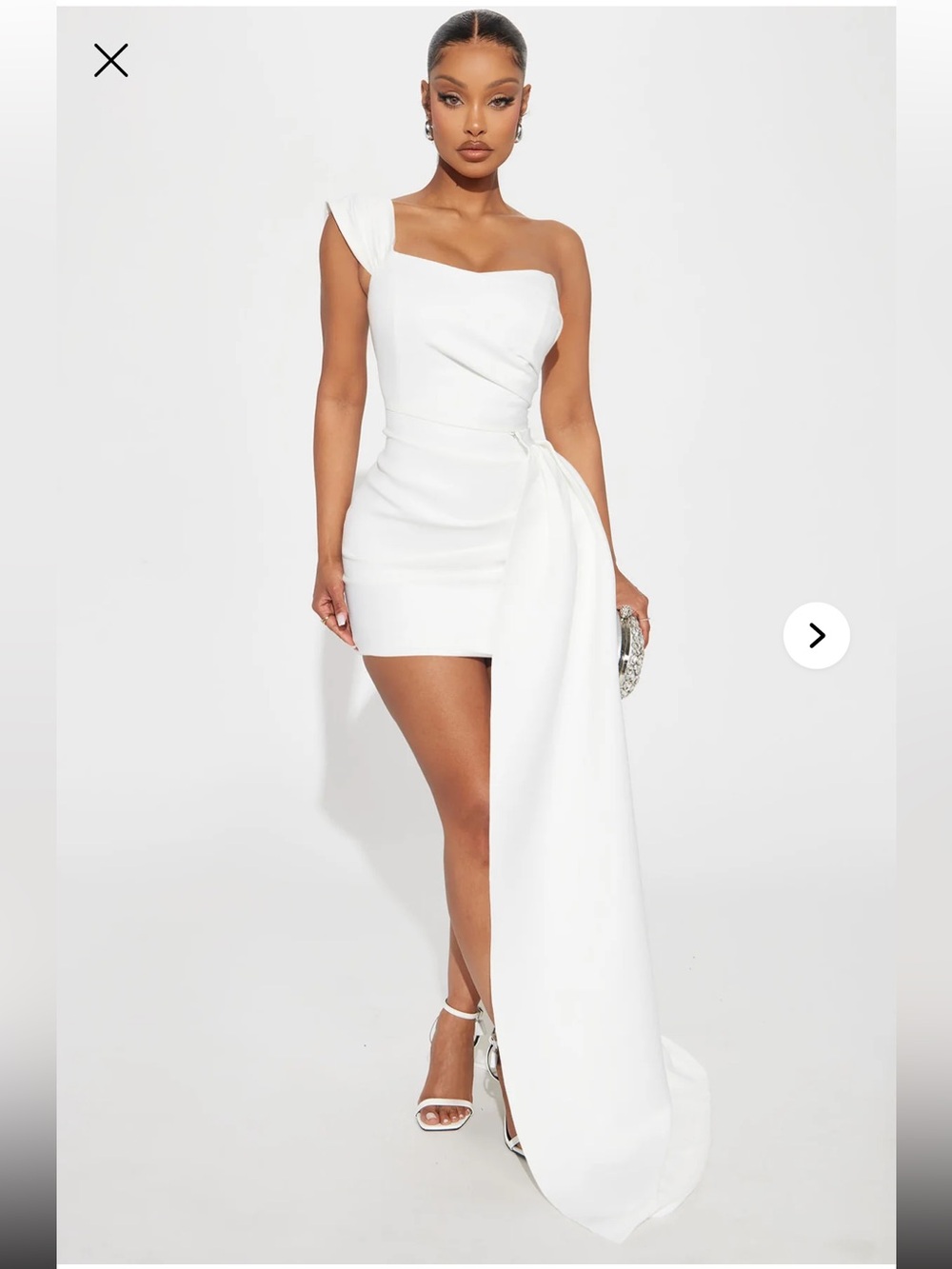White One-Shoulder Mini Dress w/ Removable Satin Train